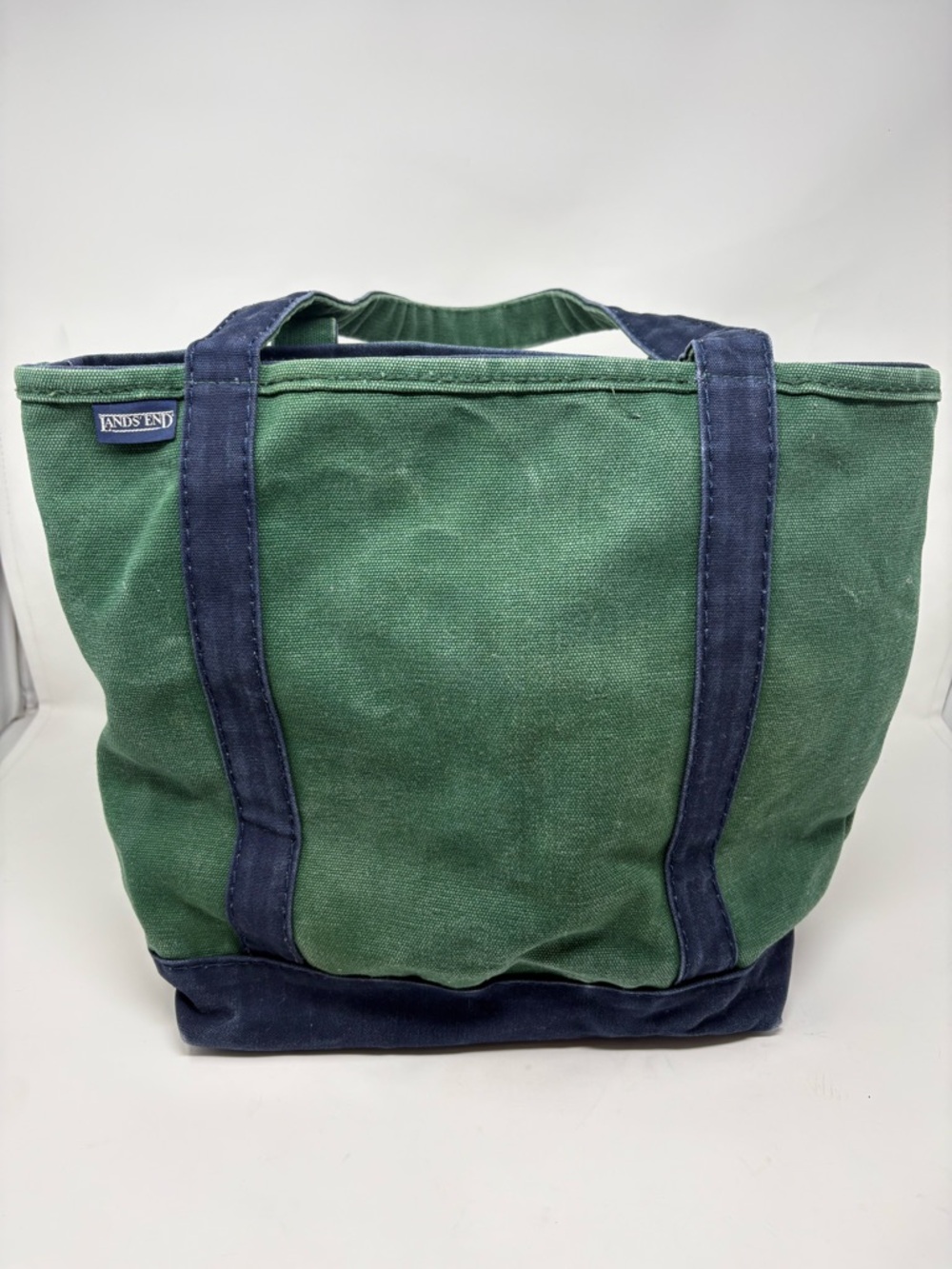 Vintage 90s Lands End Canvas Boat Tote Bag Green & Blue Faded USA